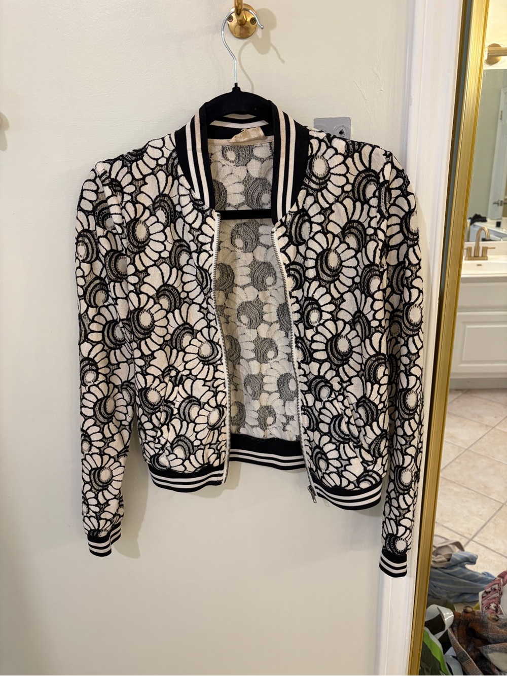 Jolt Black & Cream Lace Floral Bomber Jacket